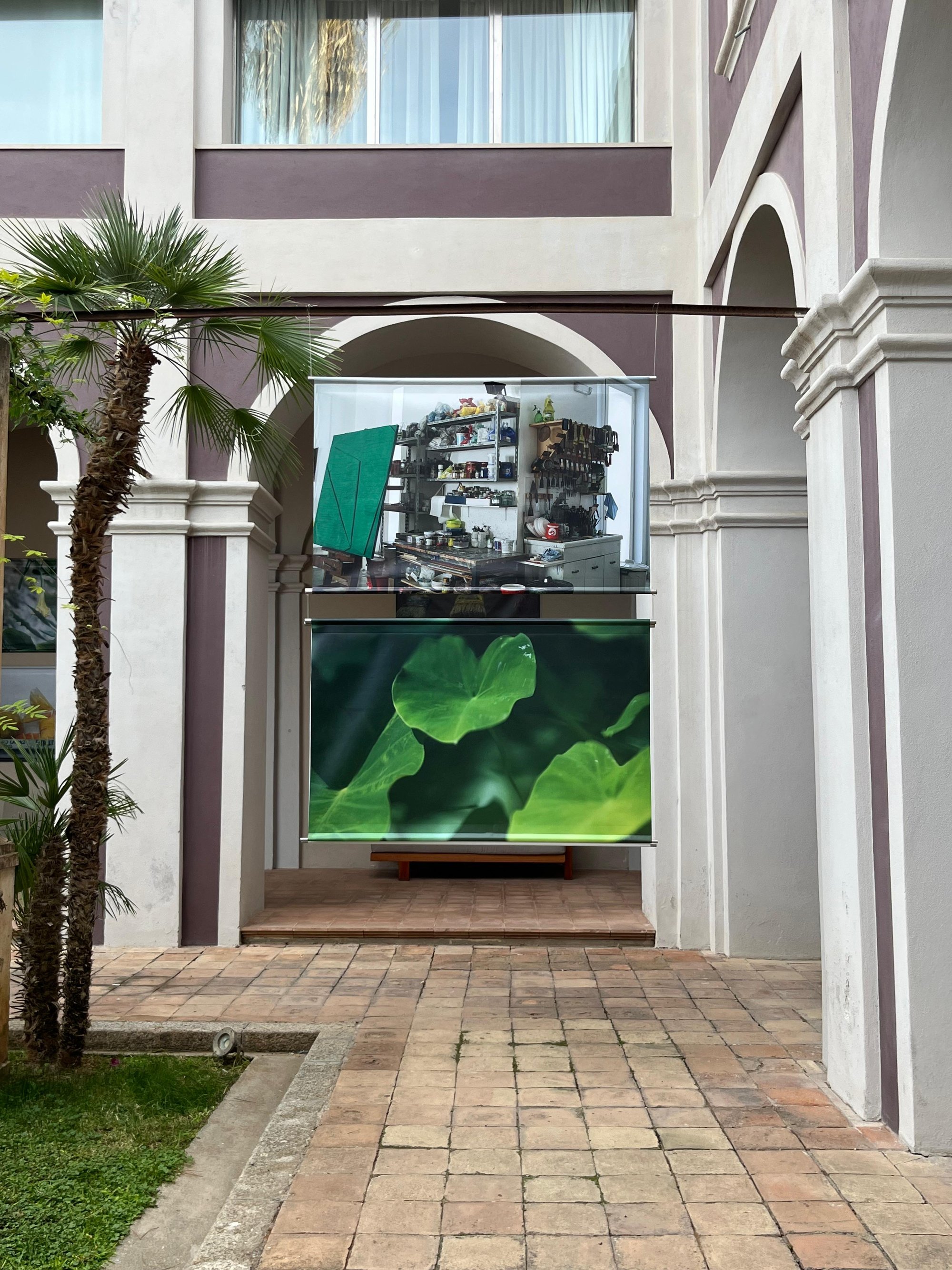 Veduta dell'allestimento: due fotografie appese una sopra l'altra sotto un arco, tra le palme del giardino